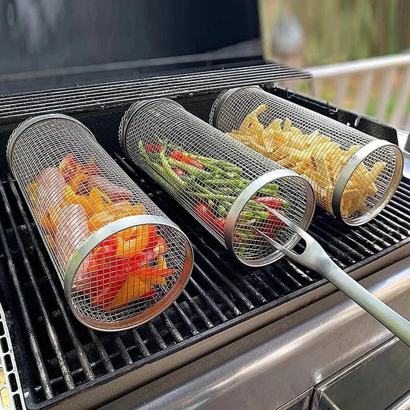 BBQ Basket Stainless Steel Rolling Grilling Wire Mesh Cylinder Basket Portable - Coffeio Store