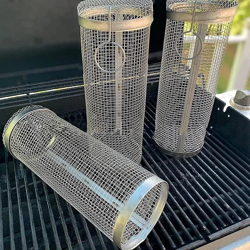 BBQ Basket Stainless Steel Rolling Grilling Wire Mesh Cylinder Basket Portable - Coffeio Store