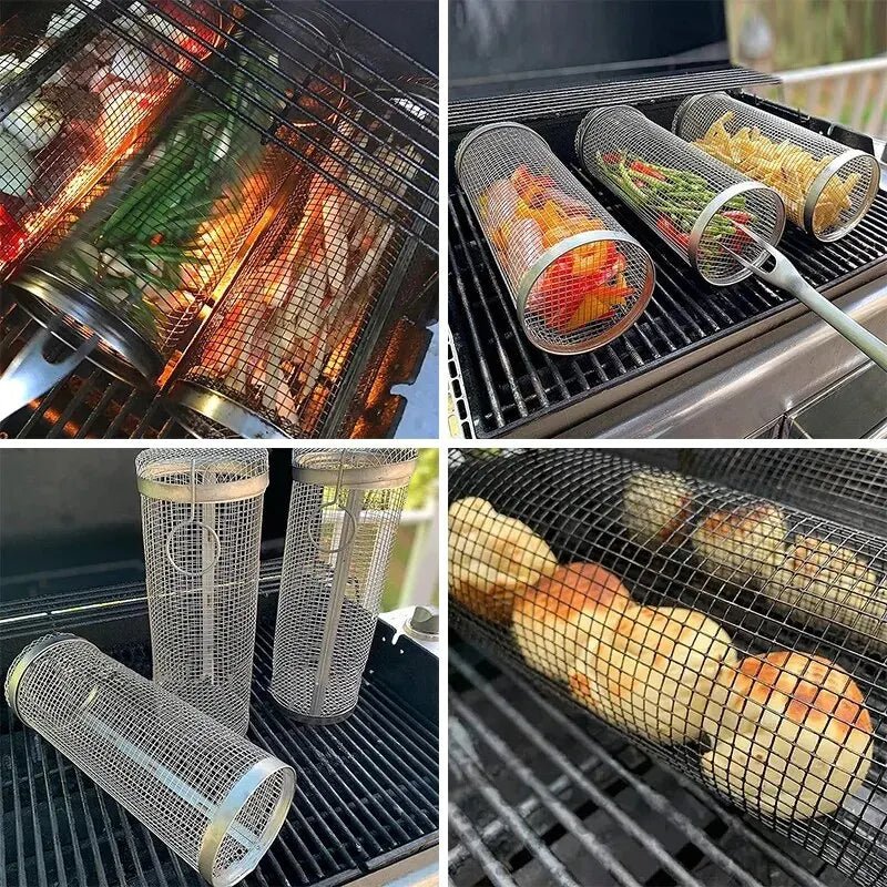 BBQ Basket Stainless Steel Rolling Grilling Wire Mesh Cylinder Basket Portable - Coffeio Store