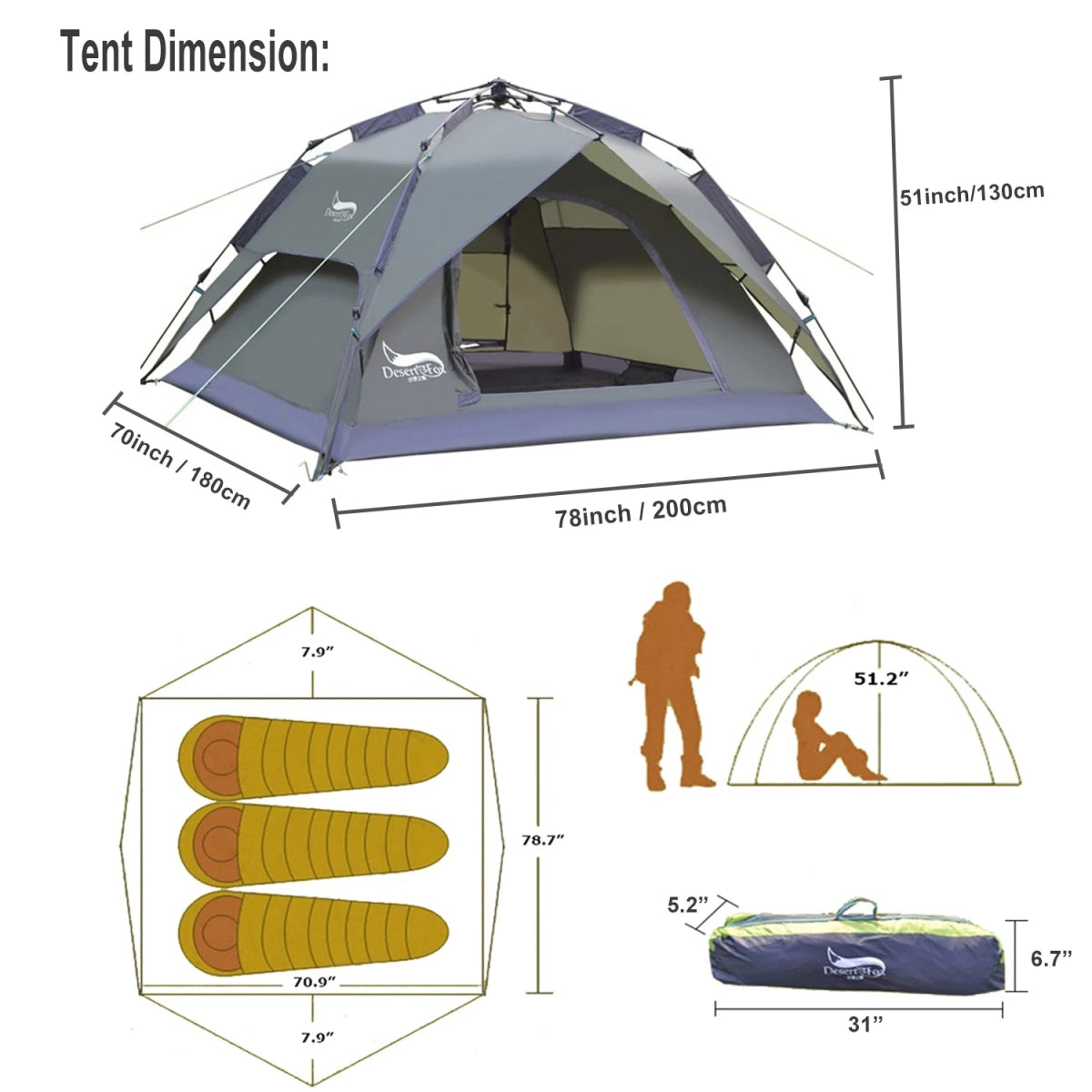 Desert & Fox Camping Tents for 3 Person, Instant Pop-Up Automatic Dome Tent - Coffeio Store