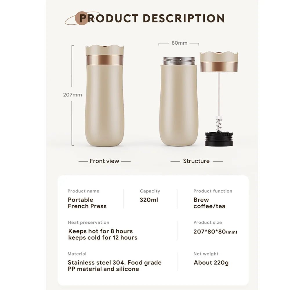 Portable French Press Pot 320ml Travel Coffee Maker Stainless Steel Double-Walled - Coffeio Store