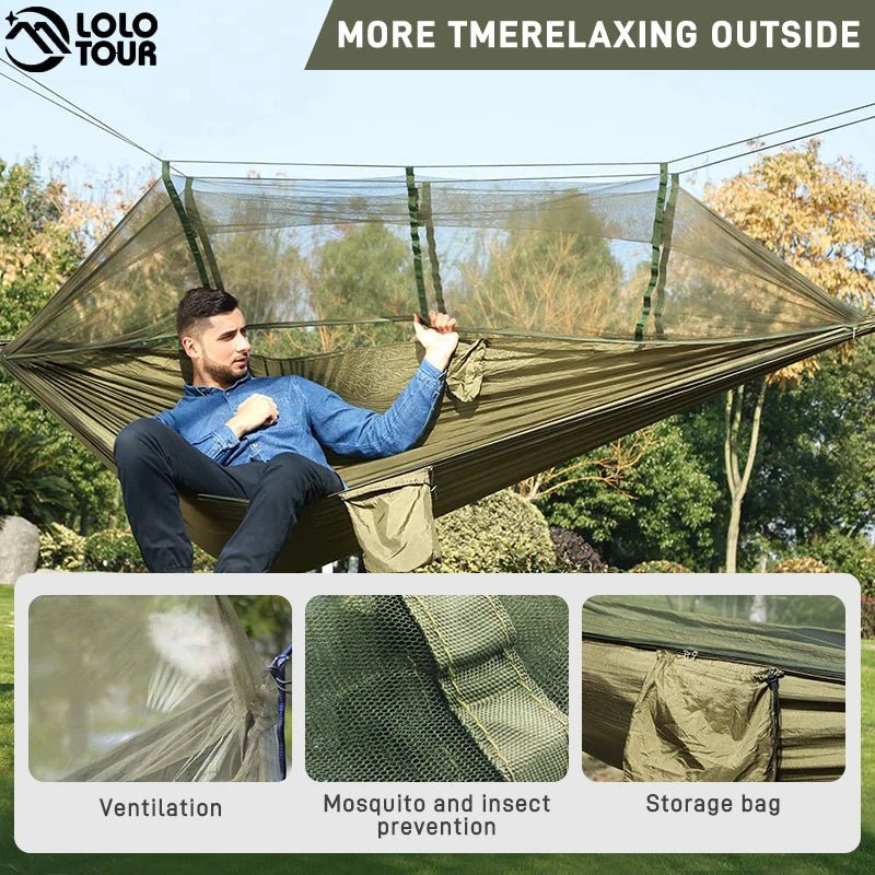 260x140cm Camping Hammock with Mosquito Net, Travel Hanging Sleeping Bed - Coffeio Store