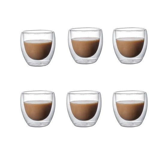 5 Sizes 6 Pack Clear Double Wall Glass Coffee Mugs Insulated Layer Cups Set - Coffeio Store
