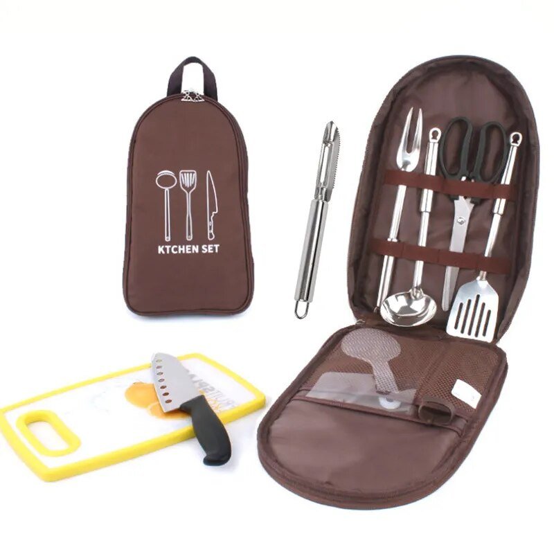 8 Pcs/set Outdoor Camping Cookware Set With Knife Utensil Spoon & Portable - Coffeio Store