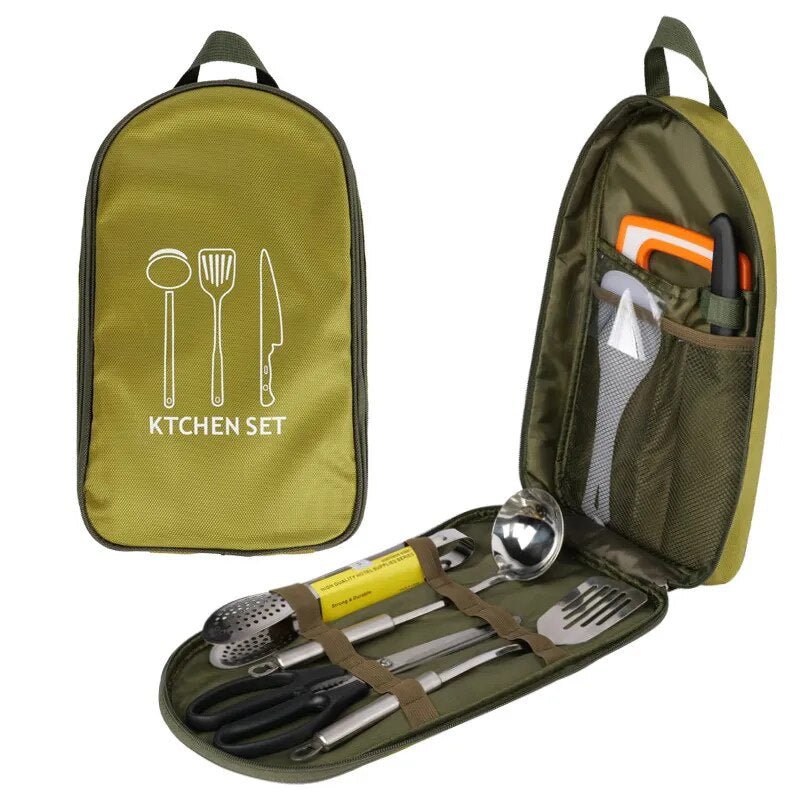 8 Pcs/set Outdoor Camping Cookware Set With Knife Utensil Spoon & Portable - Coffeio Store