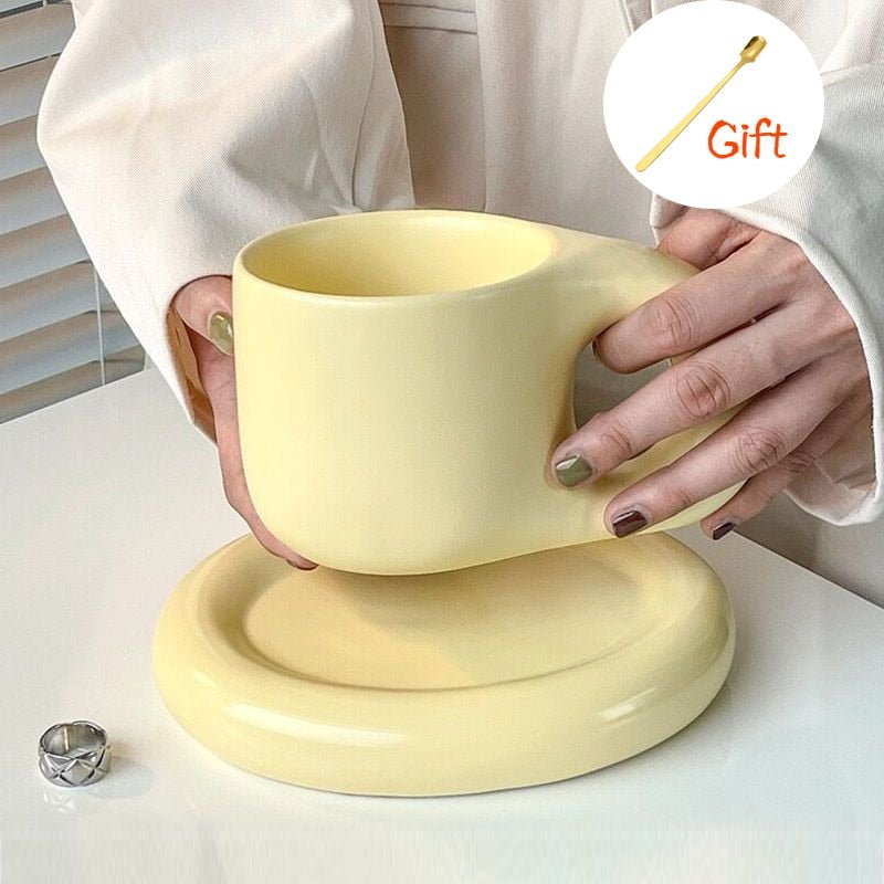 Chubby Milk Mug & Saucer Set, Office & Home High Appearance Niche Coffee Cup 9 Oz Coffee Cup, Latte Tea Milk - Coffeio.store