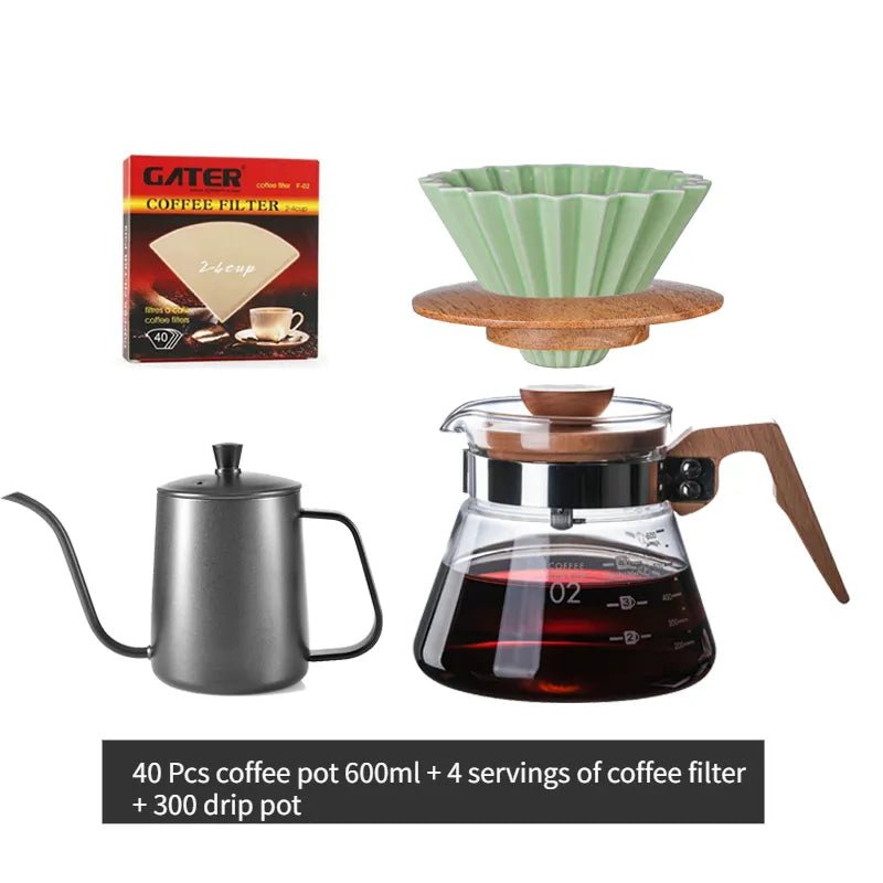Coffee Pot Maker Glass Wooden 700ML/500ML/300ML Dripper and Pot Set - Coffeio Store