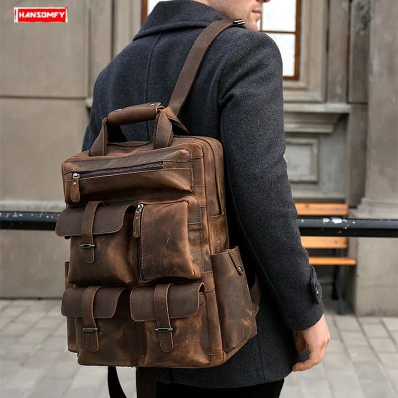 Crazy Horse Leather Men's Backpack 15.6 Inch Laptop Shoulder Bag Male Large Capacity - Coffeio Store