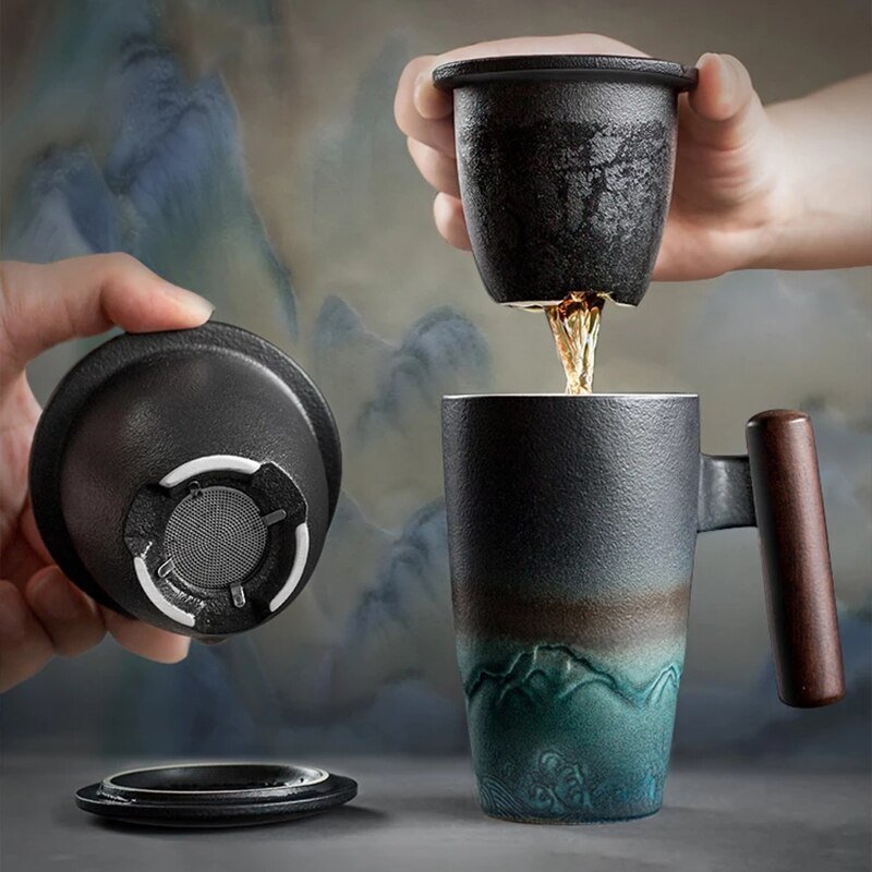 Creative Mug Ceramic Mug Coffee Pottery Simple Mug With Lid Tea Separation Portable Office And Home Tea Cup - Coffeio.store