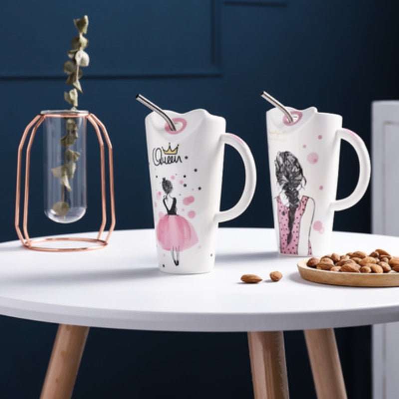 Cute Girl 450ml Porcelain Coffee Mug with Straw Home Milk Tea Juice Cups Birthday Gift - Coffeio.store