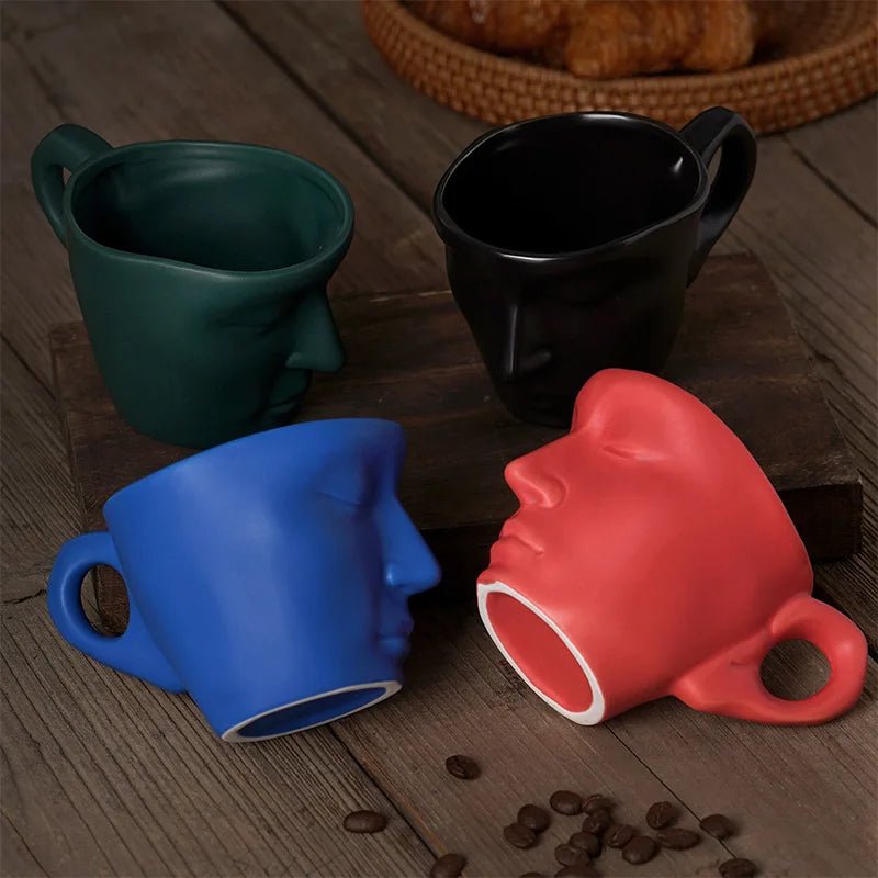 Frosted Ceramic Human Face Mug Coffee Cups with Saucers and Spoons Handmade - Coffeio Store