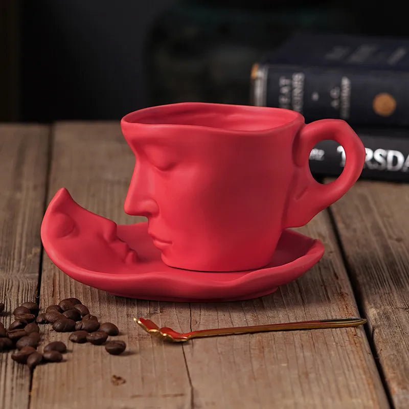 Frosted Ceramic Human Face Mug Coffee Cups with Saucers and Spoons Handmade - Coffeio Store