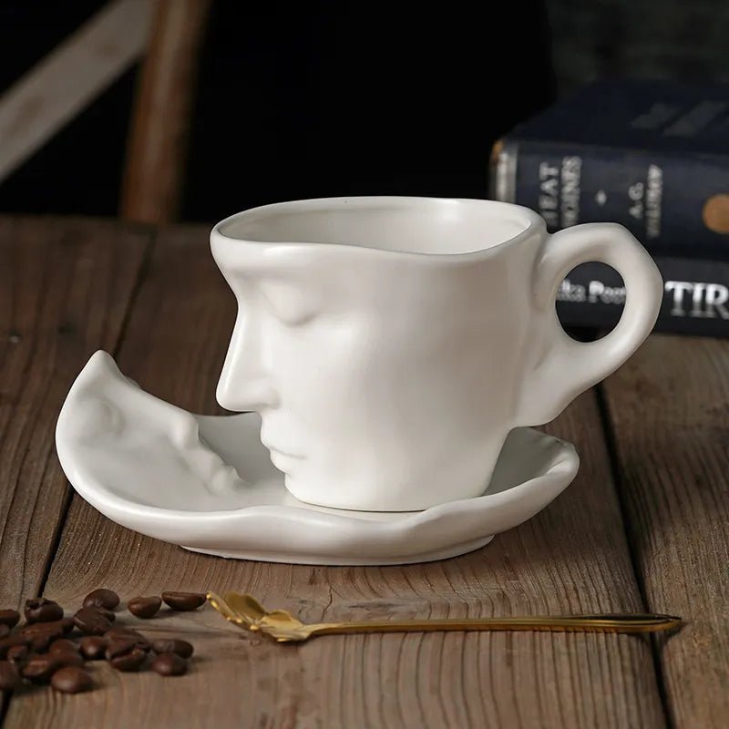 Frosted Ceramic Human Face Mug Coffee Cups with Saucers and Spoons Handmade - Coffeio Store