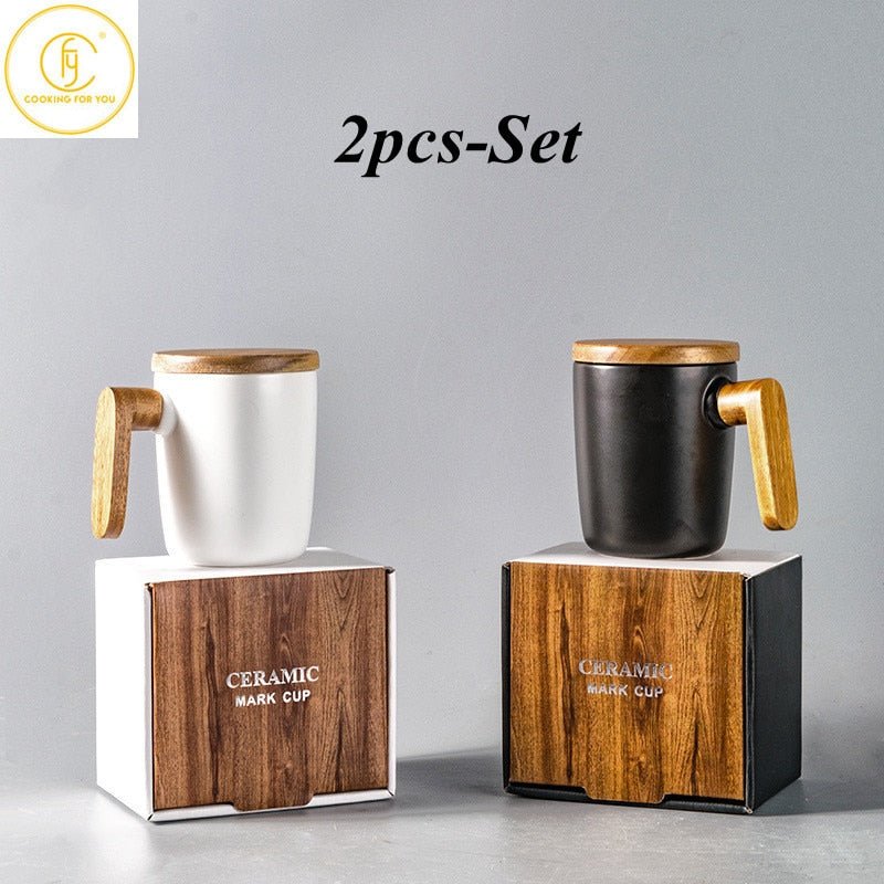 Gift Package Wooden Handle with cover Coffee Lovers coffee Mugs Ceramic coffee Mug cup set wooden coffee cup - Coffeio.store