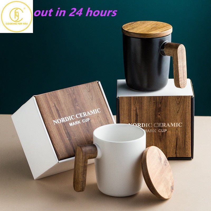 Gift Package Wooden Handle with cover Coffee Lovers coffee Mugs Ceramic coffee Mug cup set wooden coffee cup - Coffeio.store