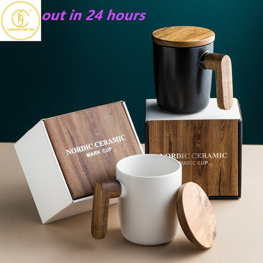 Gift Package Wooden Handle with cover Coffee Lovers coffee Mugs Ceramic coffee Mug cup set wooden coffee cup - Coffeio.store