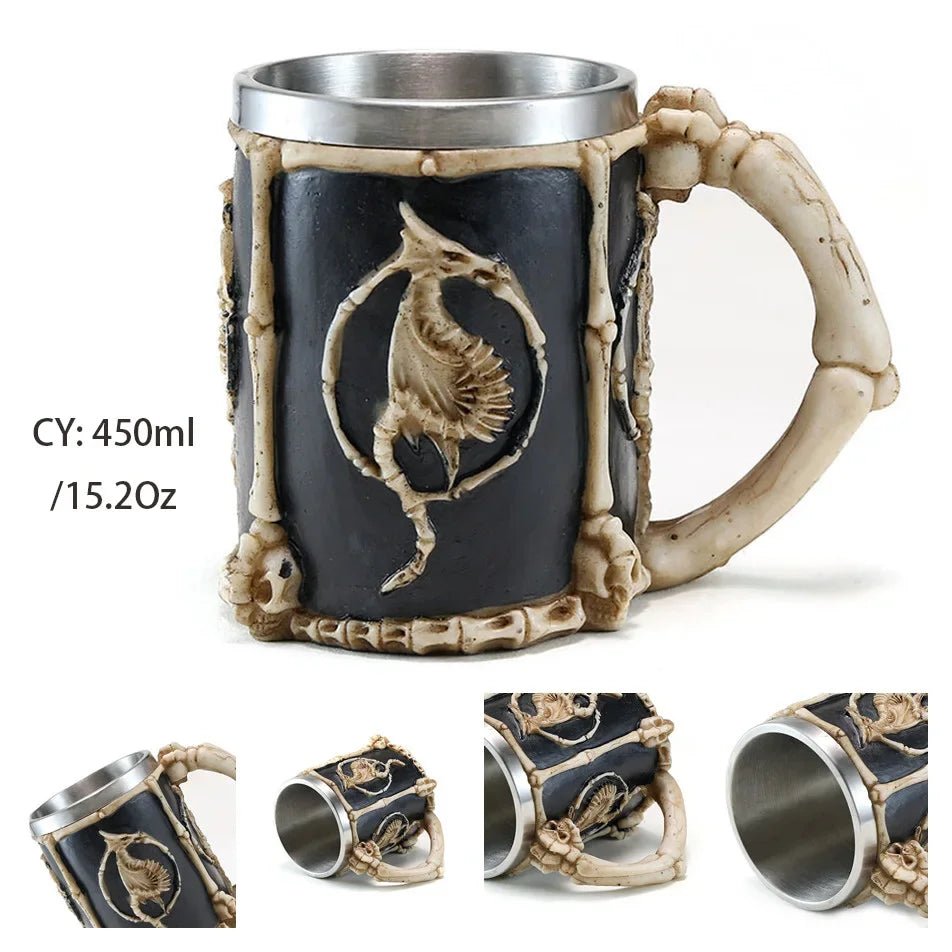 Gothic Skull Resin Stainless Steel Beer Coffee Mug Dragon Knight Tankard Halloween - Coffeio Store