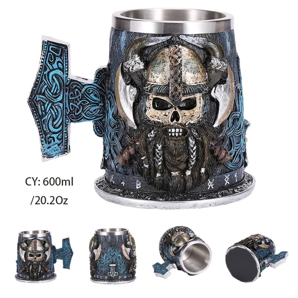 Gothic Skull Resin Stainless Steel Beer Coffee Mug Dragon Knight Tankard Halloween - Coffeio Store