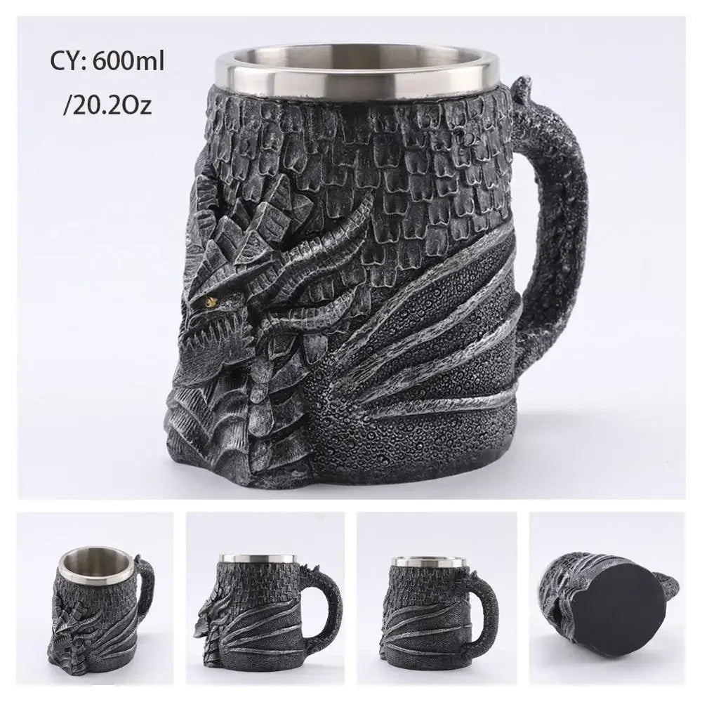 Gothic Skull Resin Stainless Steel Beer Coffee Mug Dragon Knight Tankard Halloween - Coffeio Store