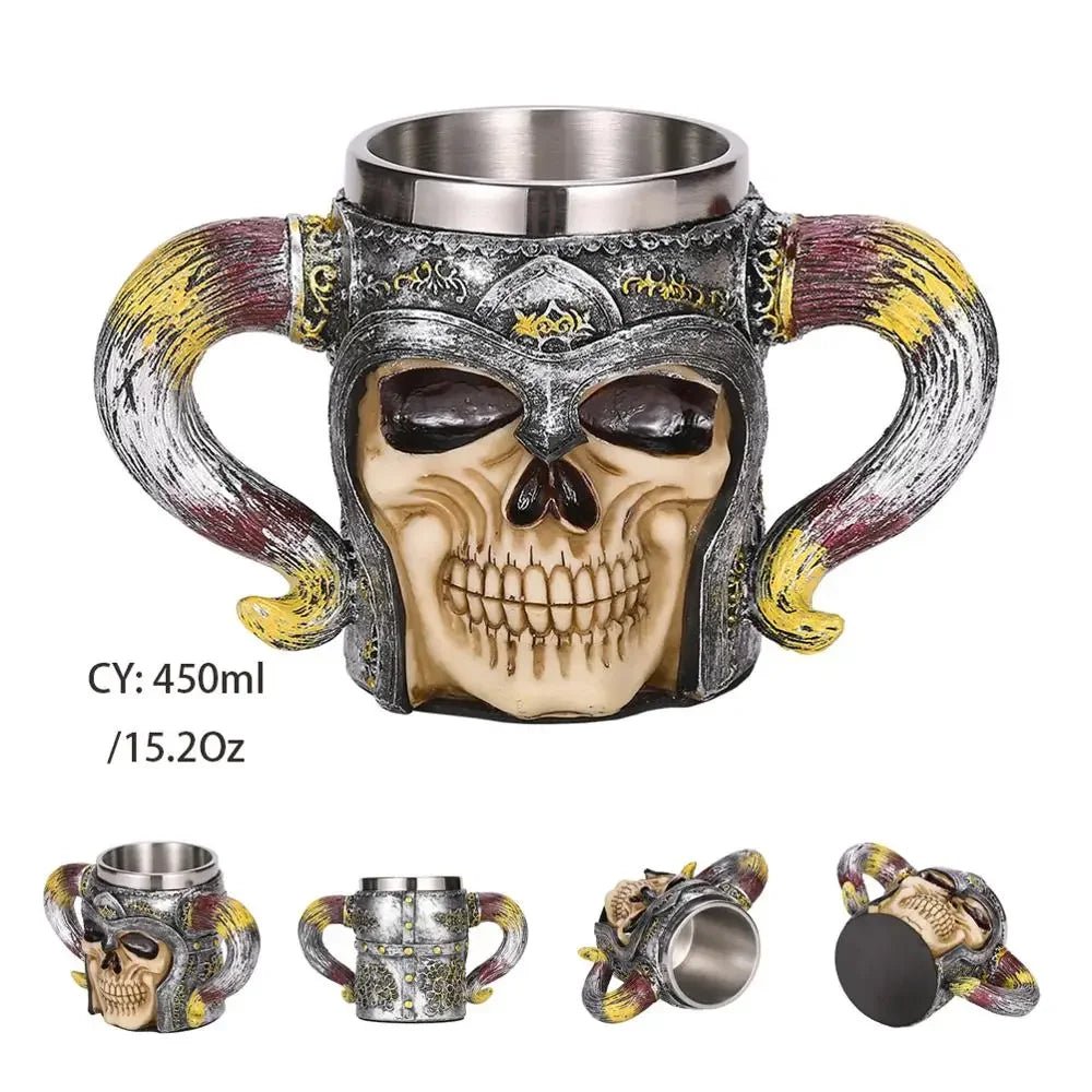 Gothic Skull Resin Stainless Steel Beer Coffee Mug Dragon Knight Tankard Halloween - Coffeio Store