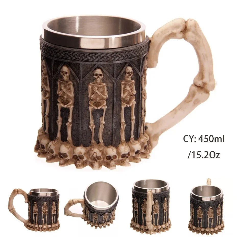 Gothic Skull Resin Stainless Steel Beer Coffee Mug Dragon Knight Tankard Halloween - Coffeio Store