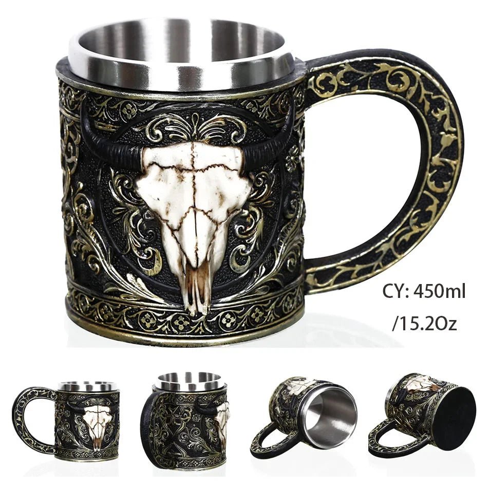 Gothic Skull Resin Stainless Steel Beer Coffee Mug Dragon Knight Tankard Halloween - Coffeio Store