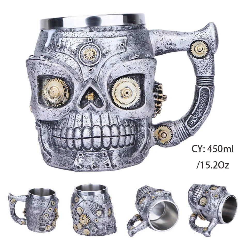 Gothic Skull Resin Stainless Steel Beer Coffee Mug Dragon Knight Tankard Halloween - Coffeio Store