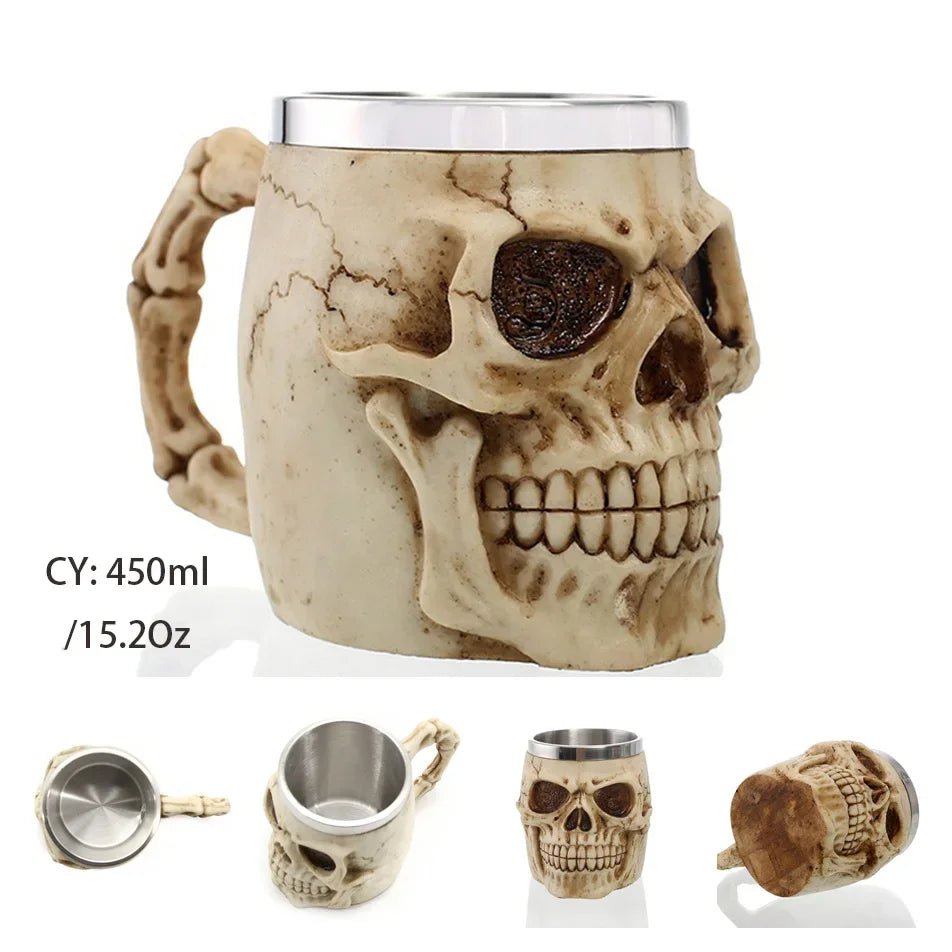 Gothic Skull Resin Stainless Steel Beer Coffee Mug Dragon Knight Tankard Halloween - Coffeio Store