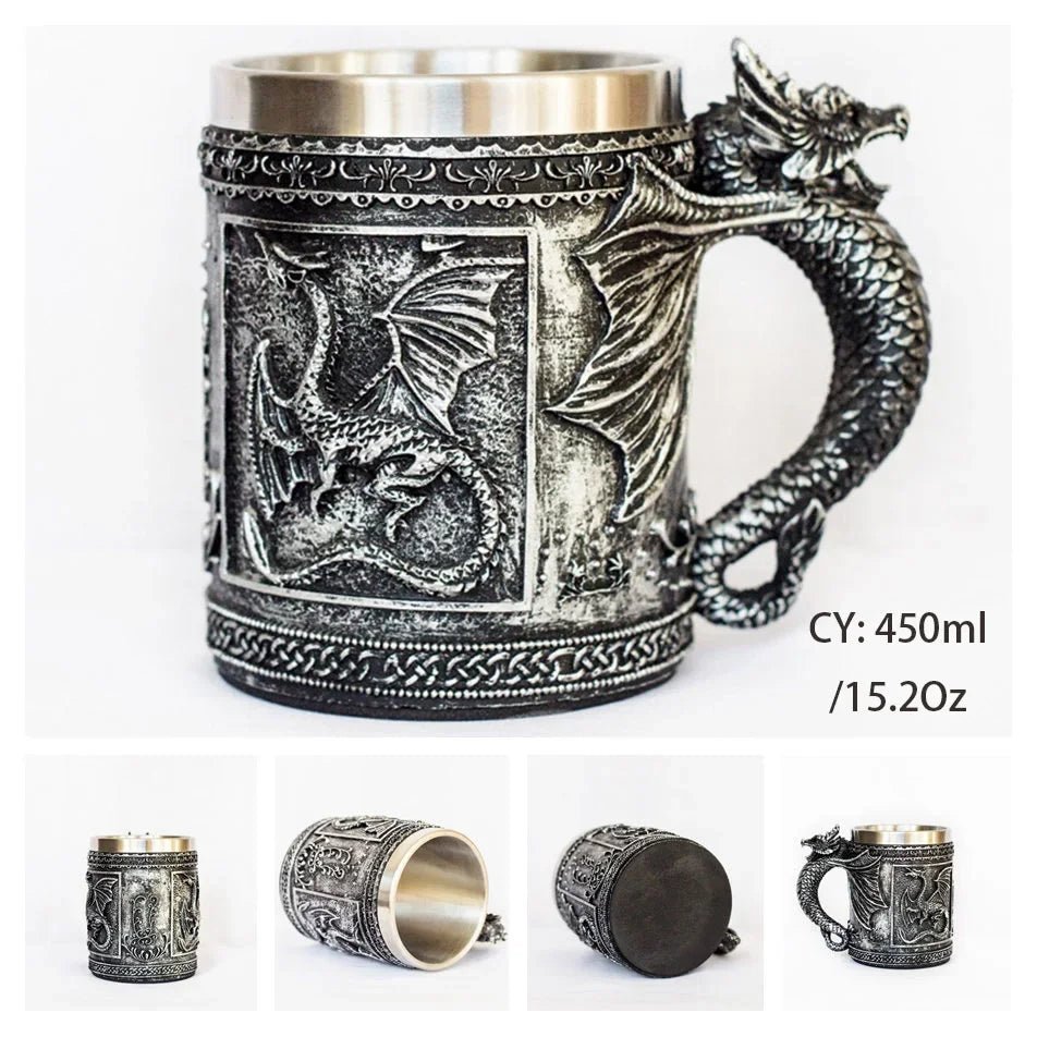 Gothic Skull Resin Stainless Steel Beer Coffee Mug Dragon Knight Tankard Halloween - Coffeio Store