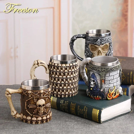 Gothic Skull Resin Stainless Steel Beer Coffee Mug Dragon Knight Tankard Halloween - Coffeio Store