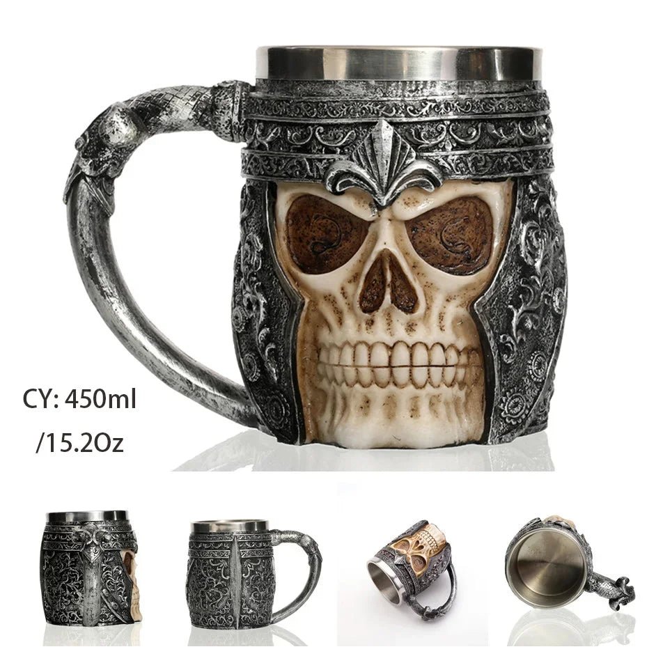 Gothic Skull Resin Stainless Steel Beer Coffee Mug Dragon Knight Tankard Halloween - Coffeio Store