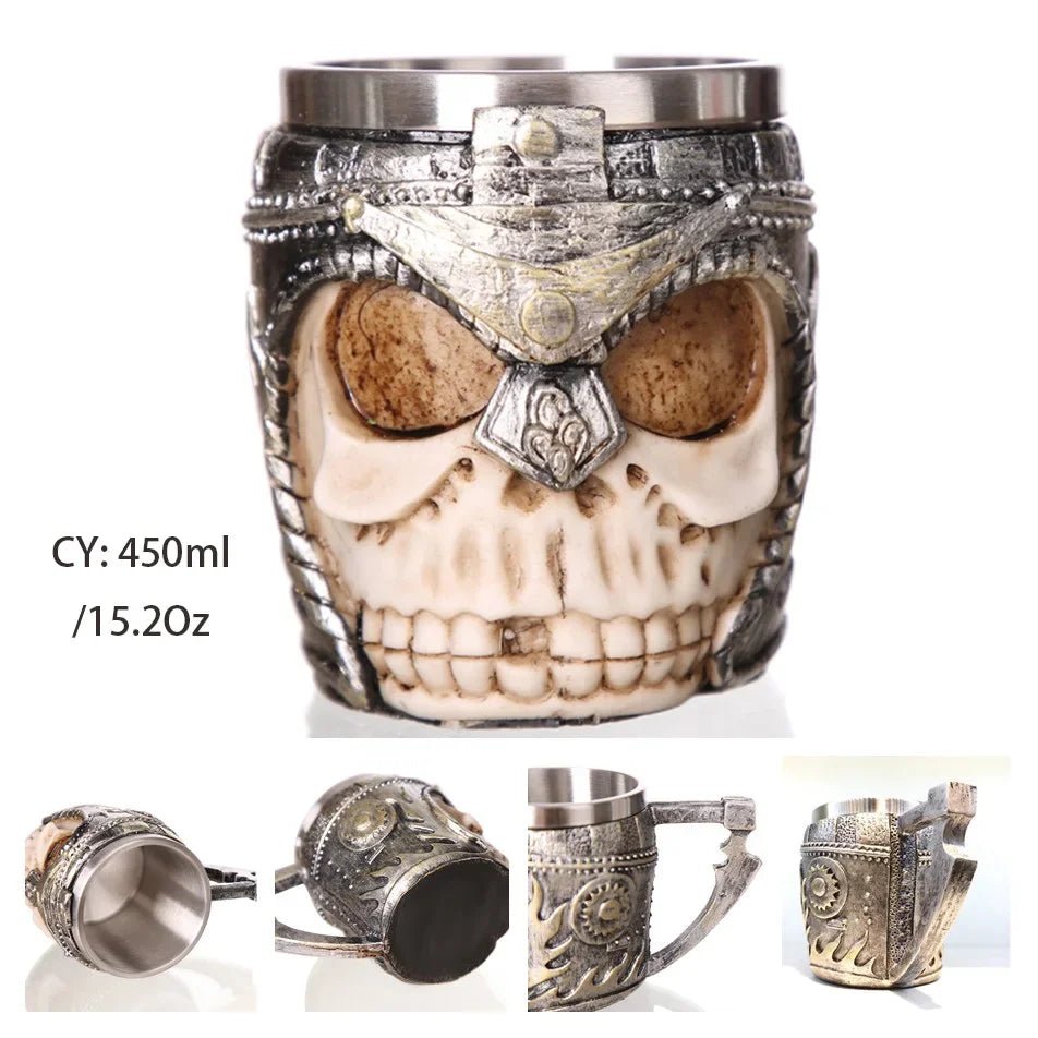 Gothic Skull Resin Stainless Steel Beer Coffee Mug Dragon Knight Tankard Halloween - Coffeio Store