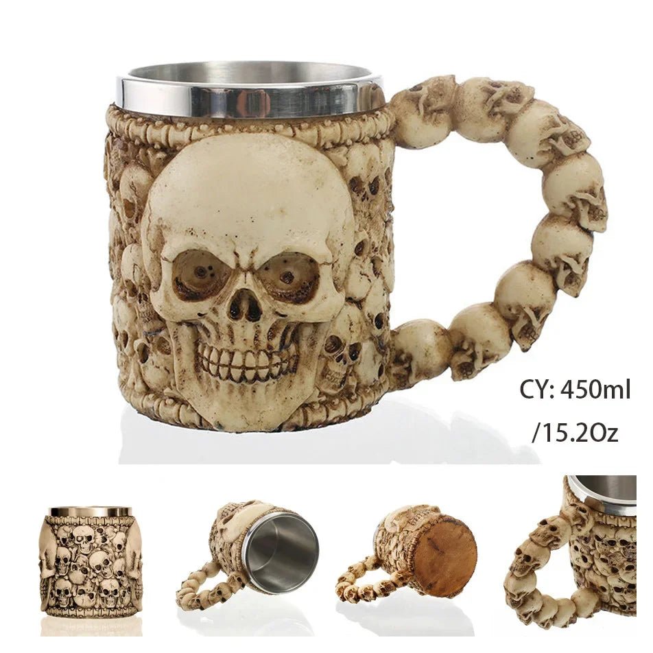 Gothic Skull Resin Stainless Steel Beer Coffee Mug Dragon Knight Tankard Halloween - Coffeio Store