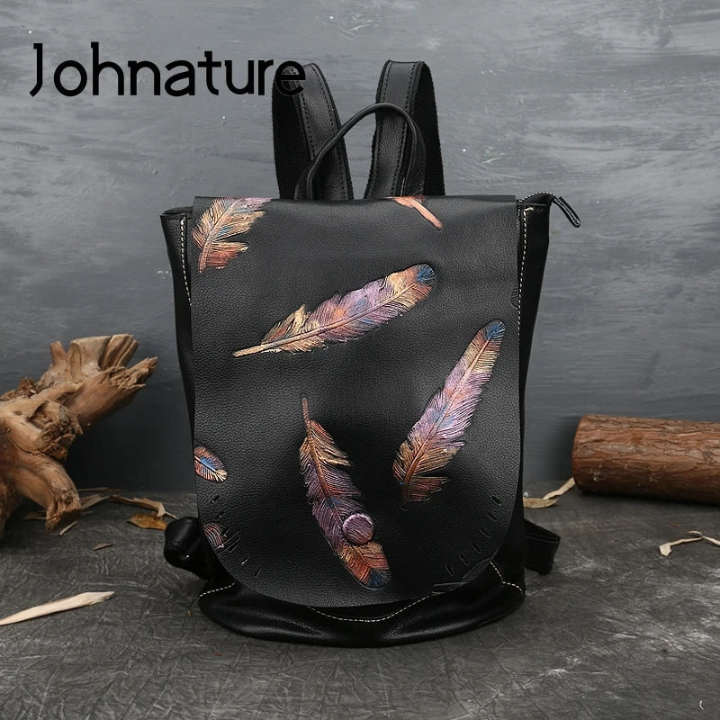 Johnature New Retro Embossed First Layer Cow Leather Women's Leisure Backpack - Coffeio Store