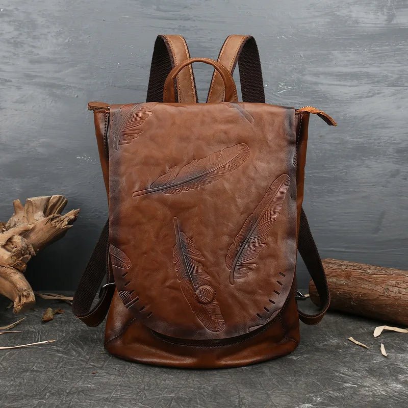 Johnature New Retro Embossed First Layer Cow Leather Women's Leisure Backpack - Coffeio Store