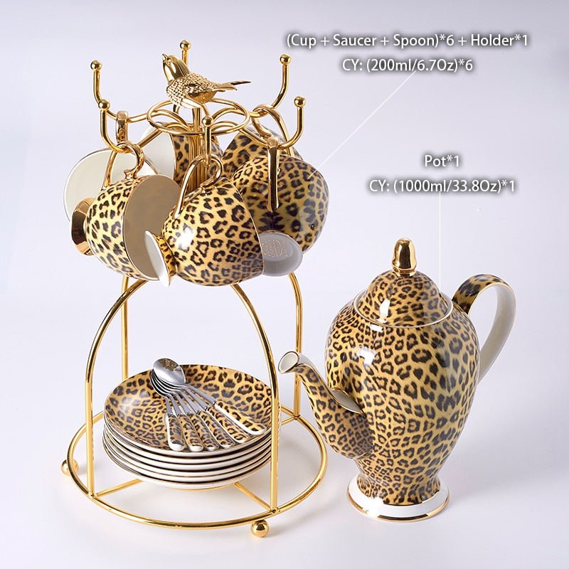 Leopard Print Bone China Coffee Set Luxury Porcelain Tea Set Pot Cup Mug Sugar Bowl Creamer Teapot Drinkware - Coffeio.store