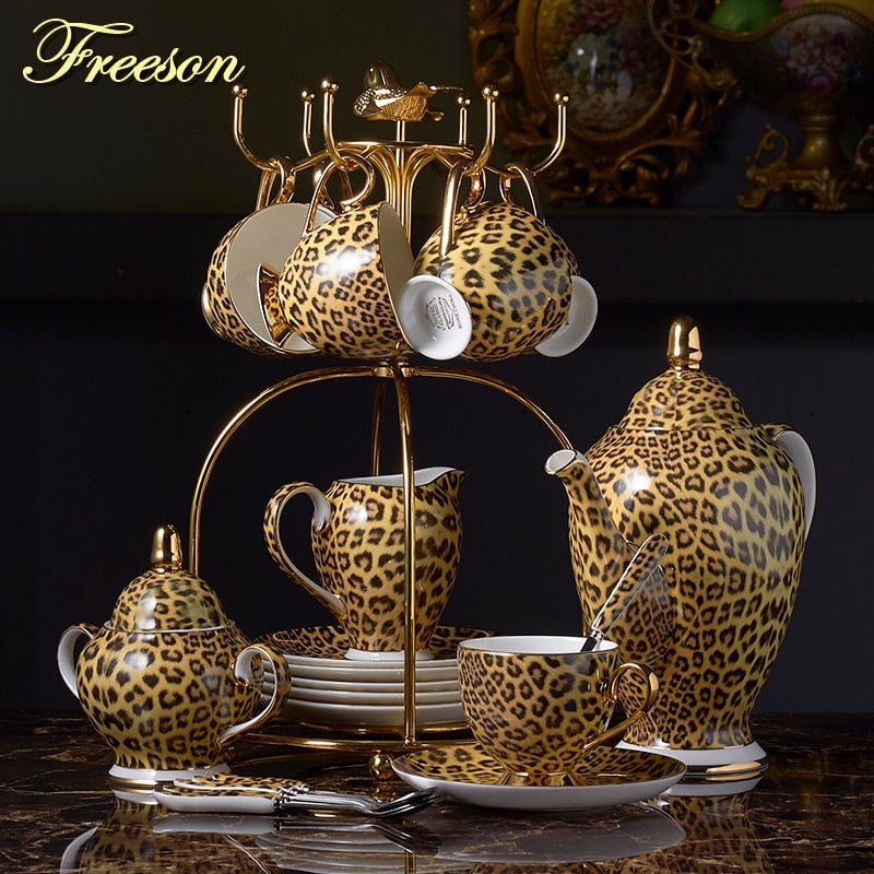 Leopard Print Bone China Coffee Set Luxury Porcelain Tea Set Pot Cup Mug Sugar Bowl Creamer Teapot Drinkware - Coffeio.store