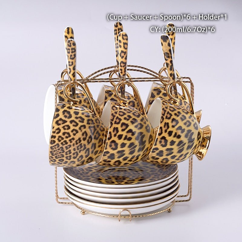 Leopard Print Bone China Coffee Set Luxury Porcelain Tea Set Pot Cup Mug Sugar Bowl Creamer Teapot Drinkware - Coffeio.store