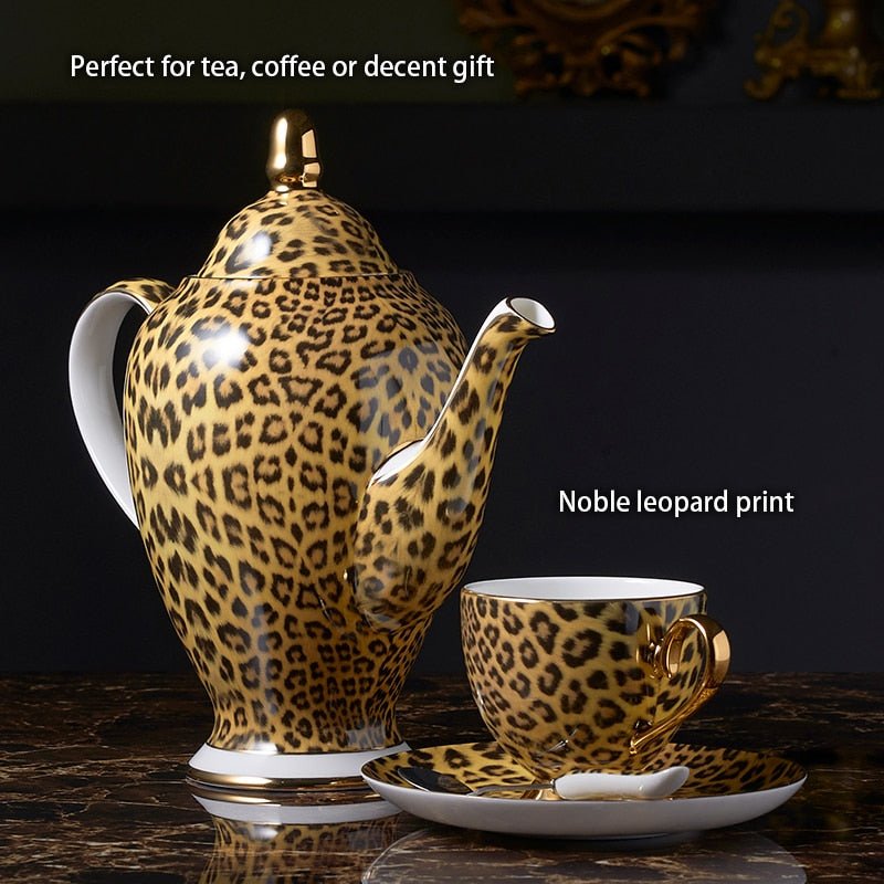 Leopard Print Bone China Coffee Set Luxury Porcelain Tea Set Pot Cup Mug Sugar Bowl Creamer Teapot Drinkware - Coffeio.store