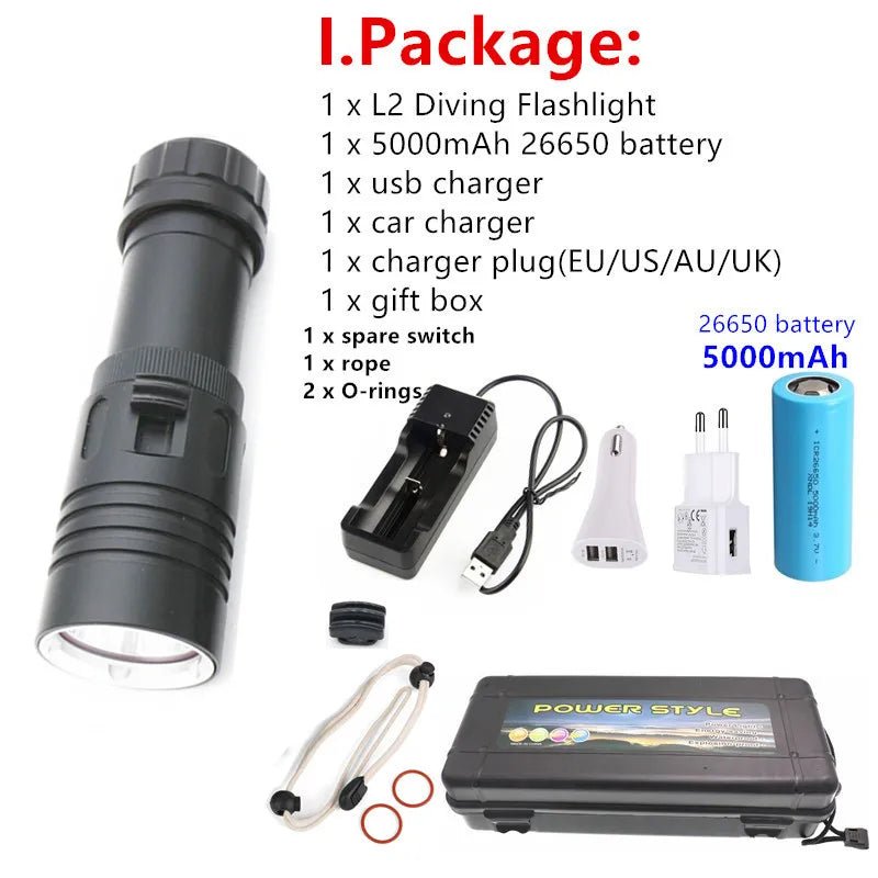 Waterproof IPX8 Diving Flashlight XM-L2 Yellow White LED Torch Dive Underwater - Coffeio Store