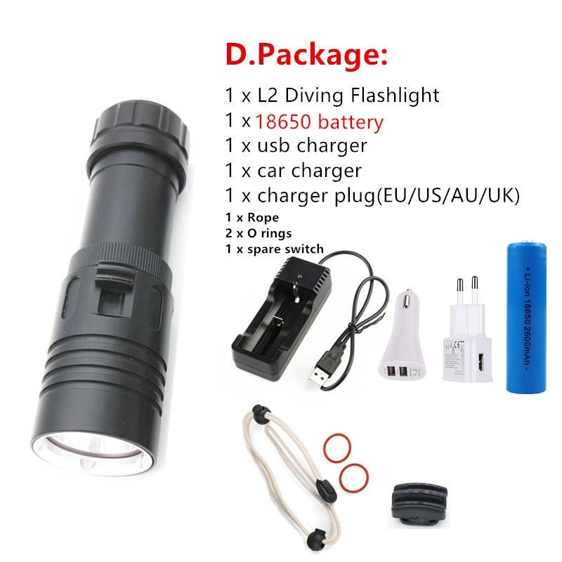Waterproof IPX8 Diving Flashlight XM-L2 Yellow White LED Torch Dive Underwater - Coffeio Store
